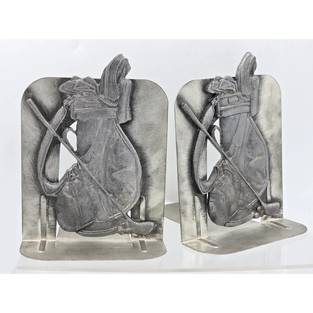 2 Lot Of VINTAGE Detailed Pewter Golf Bag & Clubs -‎ Bookends Silver Tone 6